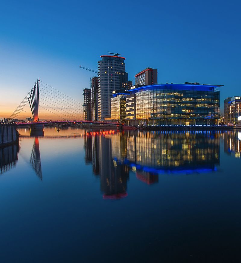 Buildings at MediaCity reflected in the water