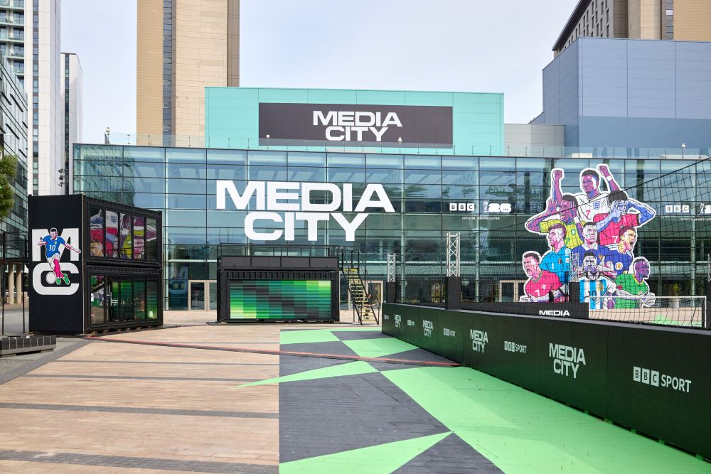 MediaCity buildings with World Cup graphics