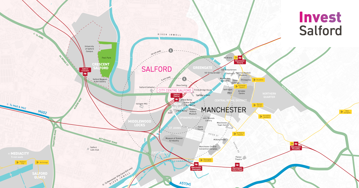 A map of Salford showing important landmarks