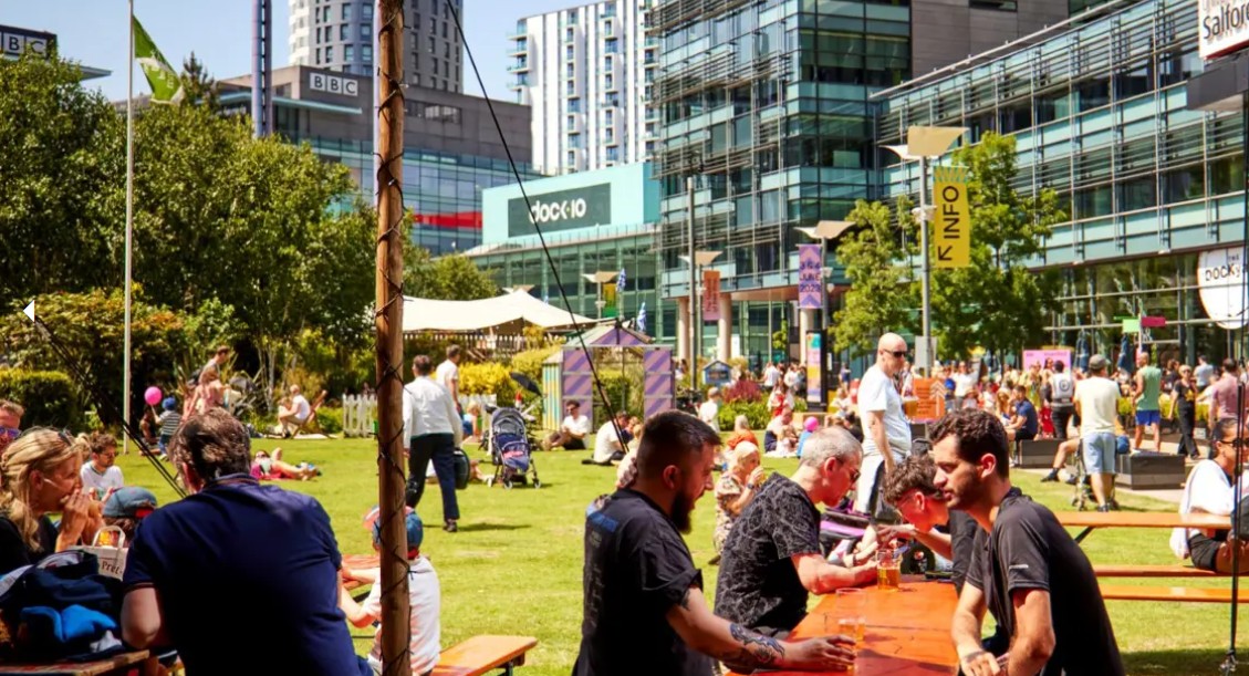 Crowds of people enjoying the outdoor experience at MediaCity