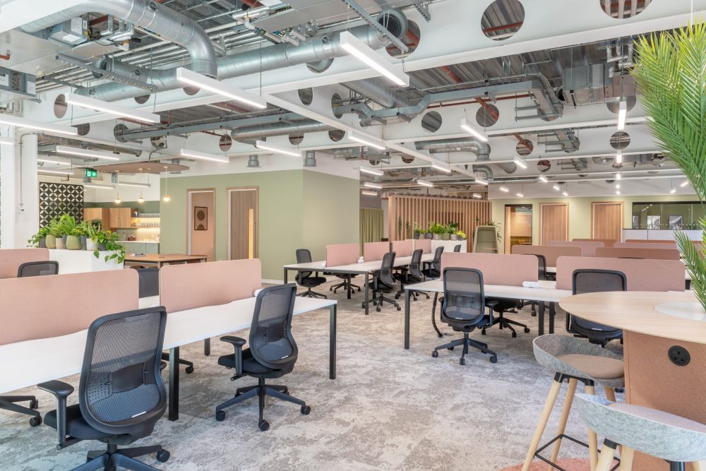 Bright, modern open-plan office with rows of shared desks and ergonomic chairs, soft pink desk dividers, indoor plants, and exposed industrial ceiling ductwork.