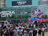 Crowds at MediaCity watching the World Cup